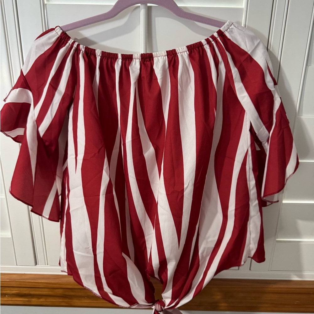 Red and White Striped Off-Shoulder Top
